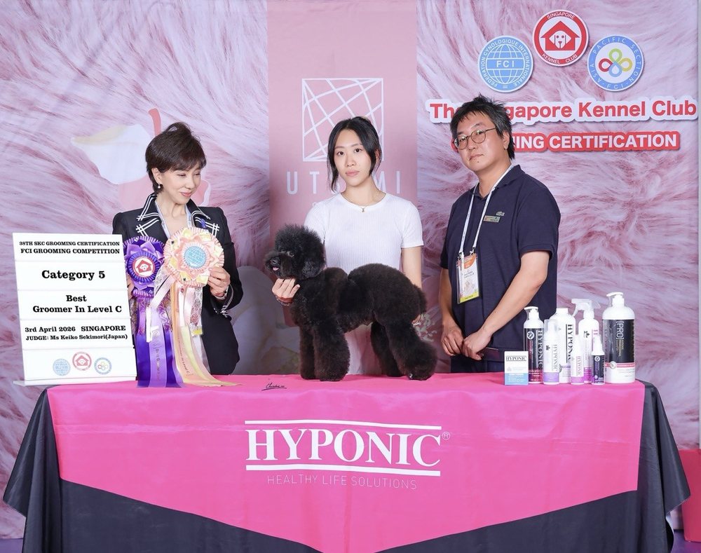 Yun Qi receiving the Best Groomer in Level C award at the 38th Singapore Kennel Club Grooming Certification and FCI Grooming Competition, judged by Ms Keiko Sekimori
